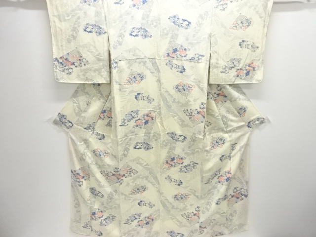 JAPANESE KIMONO / KOMON / SILK / FOLDING FAN & FLORAL PLANTS